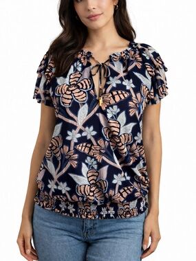 White House Black Market Blue Brown Tan Floral Blouse Flutter Sleeve Boho Top S